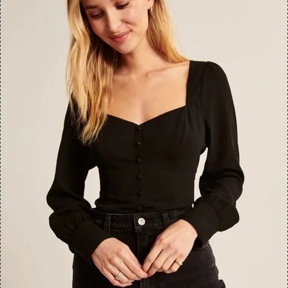 Abercrombie & Fitch Long Sleeve Button Through V Neck Top - S Black
